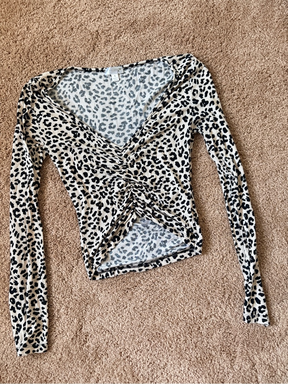 Women's Leopard Print Twist-Front Long Sleeve Top - Beige/Black